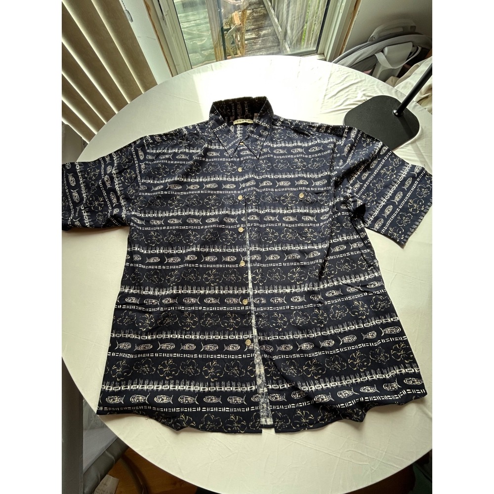 Summa Mens XL Silk Button Down Shirt Navy Blue Fish Floral Tropical Short Sleeve
